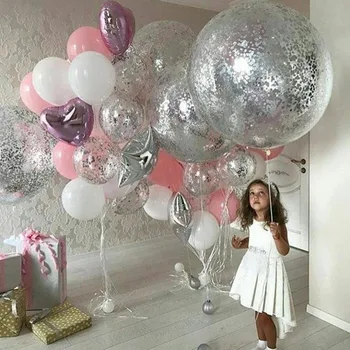 Ezüst léggömb, konfetti, Ezüst, fehér, latex léggömb romantikus téma esküvő, születésnapi party dekoráció hercegnő baba zuhany léggömb