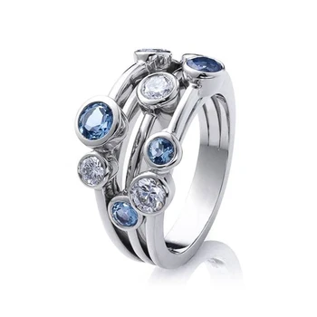 Huitan Partysu Stílus Nők Zenekar Gyűrűk 3 Sor Kerek Fehér/Kék Cirkon Kő Női Divat Esküvő Ékszer Gyűrűk Egyszerű Tétel
