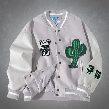 Panda hímzés patchwork Baseball bőr dzseki férfi ruházat Harajuku Streetwear Egyetemi divat Alkalmi túlméretezett kabátok Unisex caots