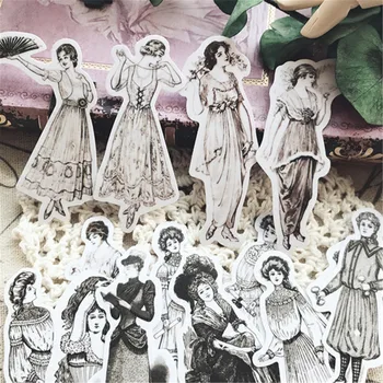 14pcs Divat Európai Hölgyek Matricák Retro Háttér Anyag Papír DIY Scrapbooking Kezét Figyelembe Folyóiratok Dekoráció