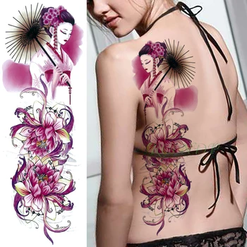 Vízálló Ideiglenes Tetoválás Matrica Lótusz virág Szépség lány esernyő teljes élesítés vissza hamis tatto flash tetoválás ujja a Lány nők