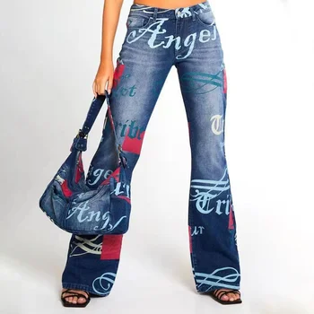 Angyal Szomorú Jeans Női Hosszú Nadrág Levél Nyomtatás Vintage Y2K Széles-láb Nadrág, Szabadidő Pantalones Alacsony Emelkedik Barátom Farmer