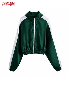 Tangada Nők Kontraszt Csíkos Zöld Bő kabát Kabát Vintage Hosszú Ujja Cipzárral Női Felsőruházat BE171