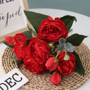 Hamis Virágok, Rózsa, Rózsaszín Selyem Bazsarózsa Csokor Művirágok 5 Nagy Fej 4 Kis Bud Menyasszony Esküvői Otthoni Dekoráció