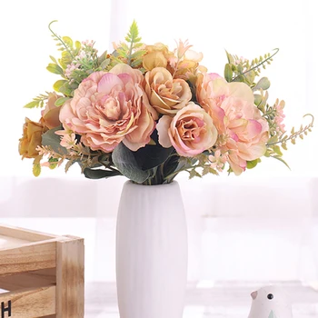 Rózsaszín művirágok 5 Fej Selyem Bazsarózsa Csokor Tea Rózsa Hamis Növény DIY Nappali Otthon Kert Őszi Esküvő Dekoráció
