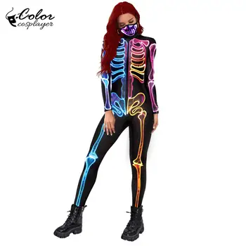 Halloween Farsangi Buli Színes Emberi Test Csontváz Cosplay Jelmez Zentai Catsuit 3D-s Digitális Nyomtatás Maszk Ruhák Body